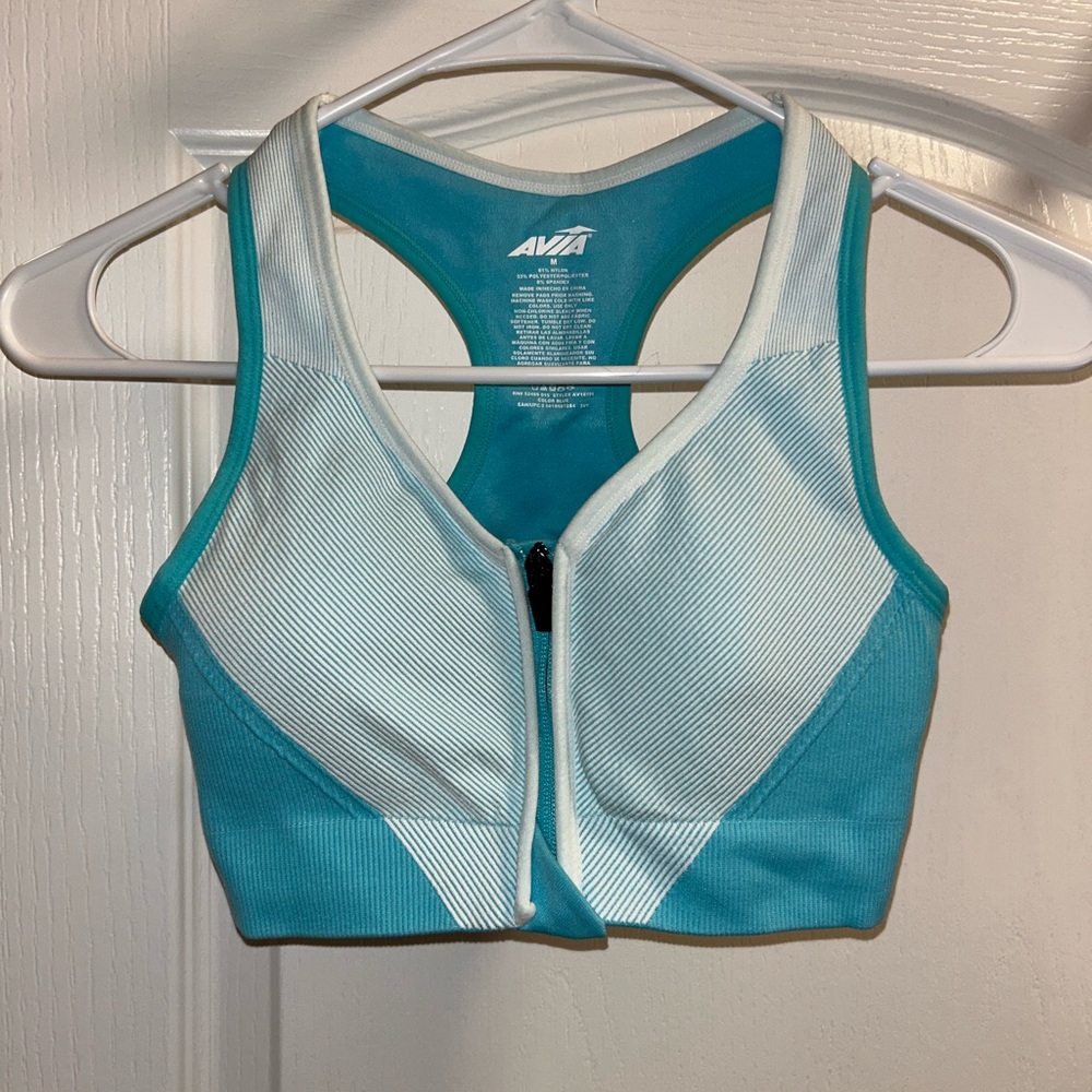 Avia Teal and White Zip-Front Sports Bra